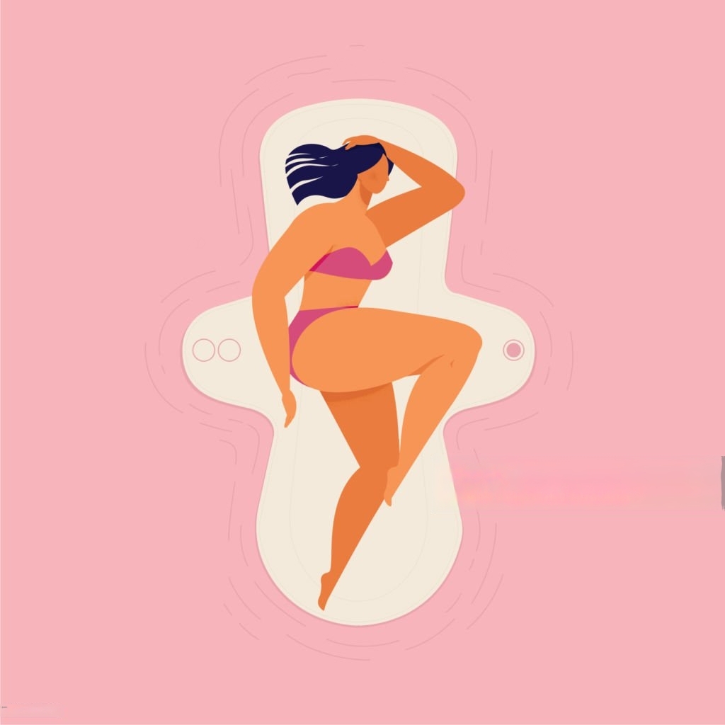 Ilustración de una mujer durmiendo reclinada con un fondo rosa pastel