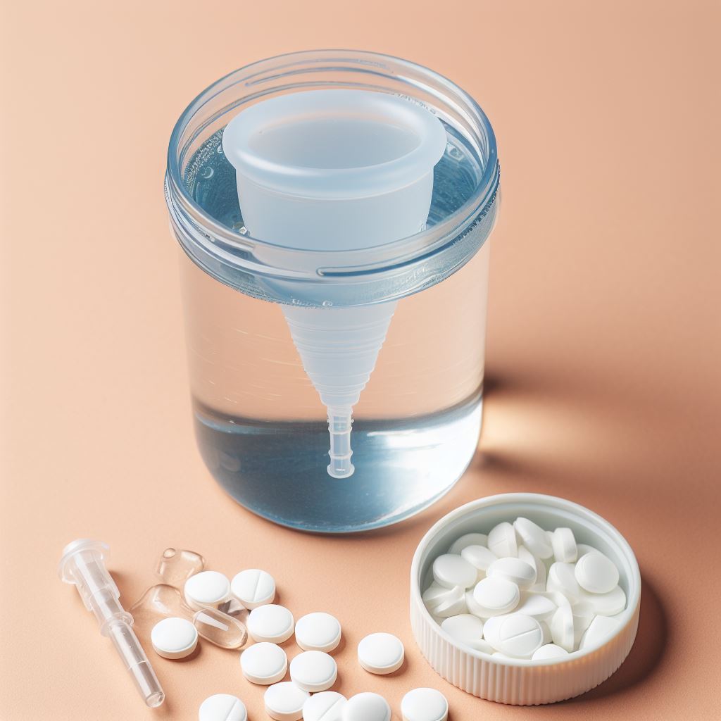 copa menstrual esterilizada con pastillas esterilziadoras dentro de un vaso de agua